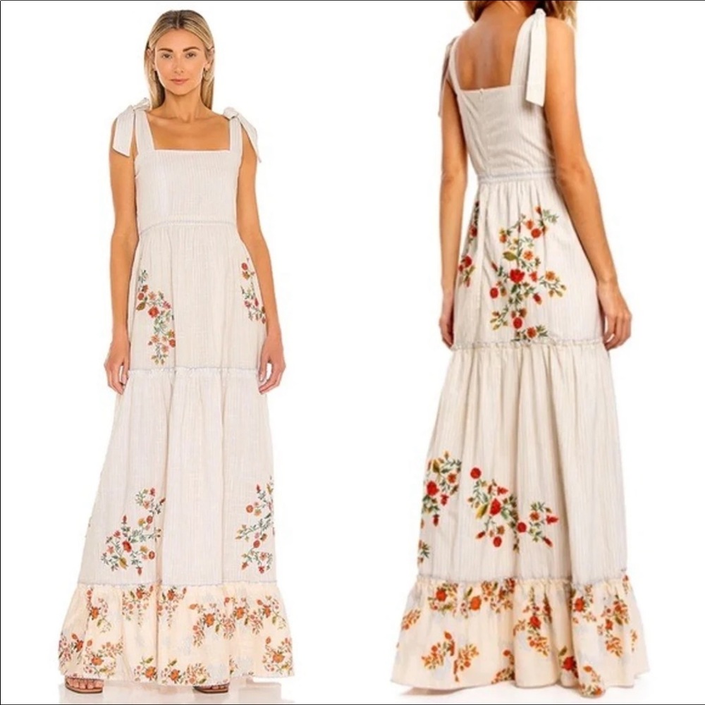 NEW Agua Bendita Helina Sunbaze Embroidered Floral Maxi Boho Dress Size M